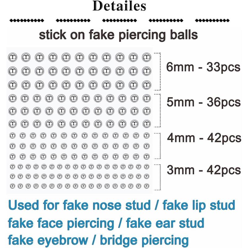 Fake Lip Ring, Nose Ring, Eyebrow Piercing, Hoop & Stud Stick-On Piercings, Fake Face Piercings with Silver Balls