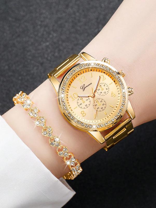 6pcs Set Women's Fashionable Quartz Wristwatch, Diamond Inlaid Three-Eye Numeric Dial & Full Diamond Heart Bracelet – Elegant & Luxury Gift Set