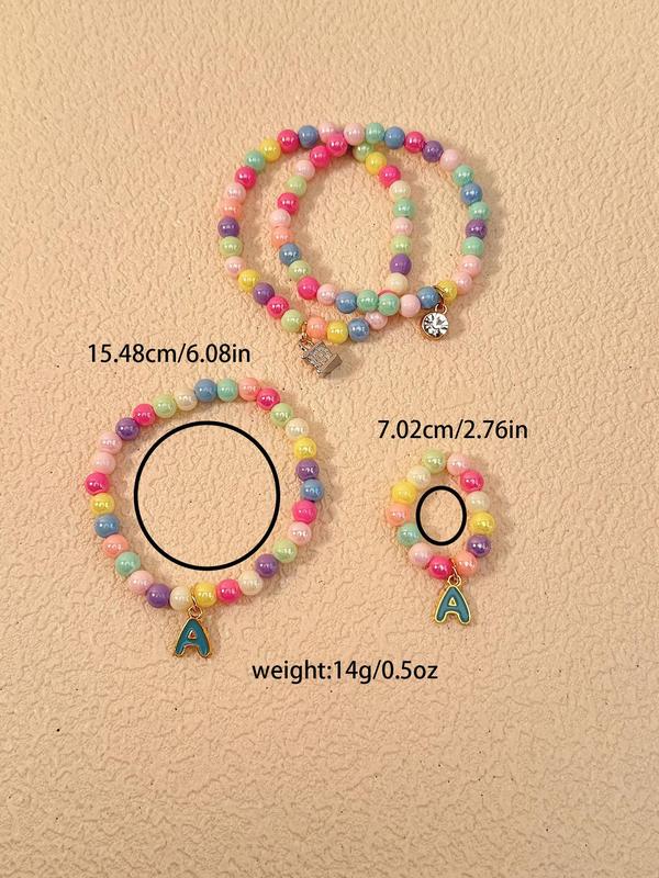 Cute Beaded Rhinestone Decor Bracelet & Letter Charm Ring Set, Colorful Beaded Bracelet & Ring, Fashion Accessories for Women & Girls