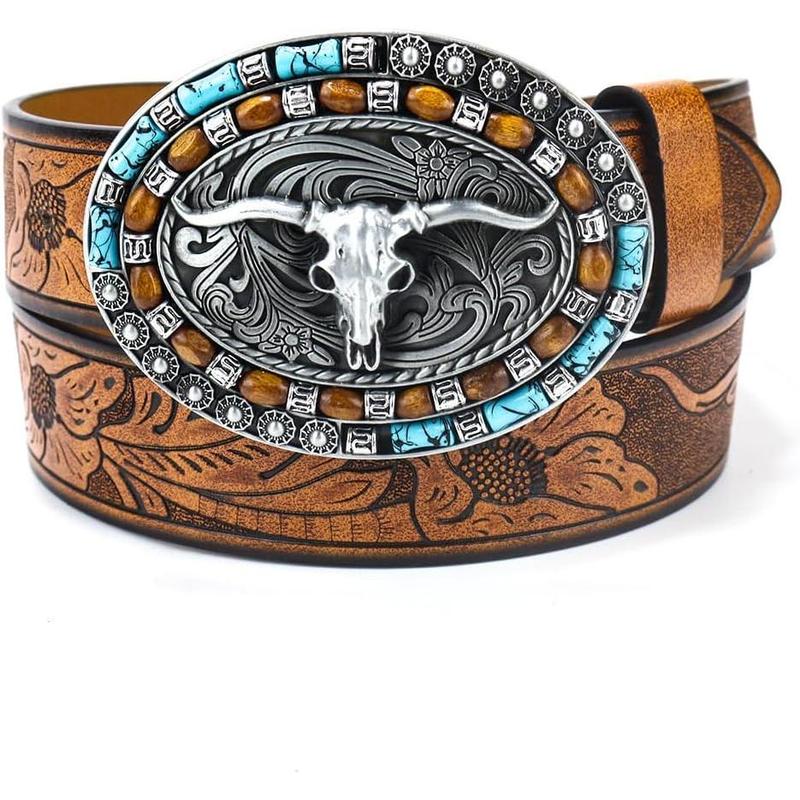 Utaly Western Cow Cow Leather Belts - Women Men Turquoise Embossed Waist Belts With LongHorn Bull Buckles Fit 25-39”