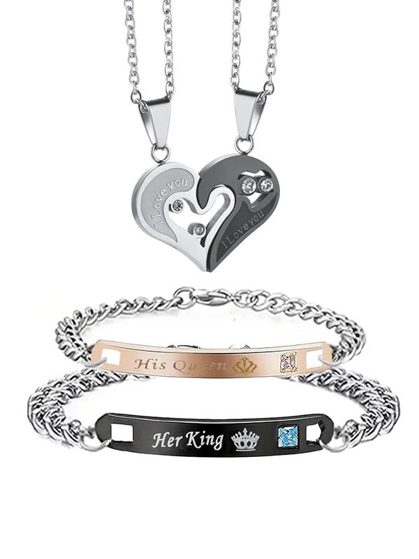 Couple Letter Pattern Matching Bracelet & Heart Decor Necklace, Stainless Steel Jewelry Set, Fashion Jewelry Accessories for Women & Men, Gift for Couple