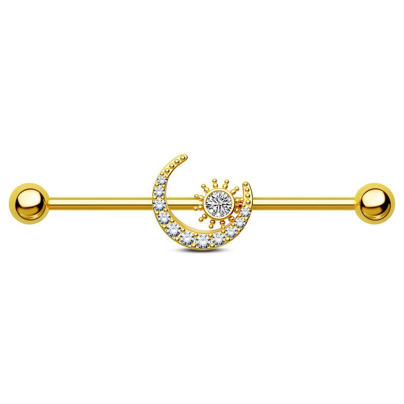 Oufer 14G Clear CZ Moon and Sun Industrial Barbell