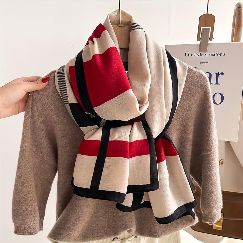 Color Block Striped Scarf Imitation Wool Shawl Soft Warm Windproof Wrap For Women