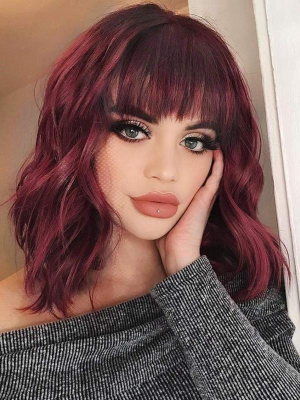 18 Inch Red Short Curly Bob Body Wigs for Women for Galentinesparty, Gorgeous Fluffy Wavy Wigs with Bangs, Synthetic Wigs for Party Photography, Daily Use, Elegant All-match Fashion Accessories