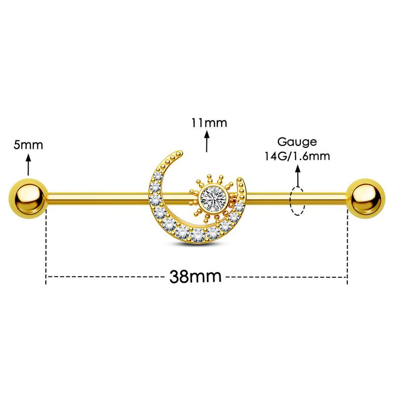 Oufer 14G Clear CZ Moon and Sun Industrial Barbell