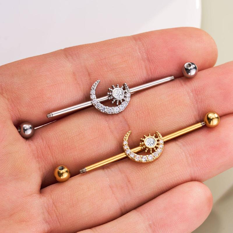 Oufer 14G Clear CZ Moon and Sun Industrial Barbell