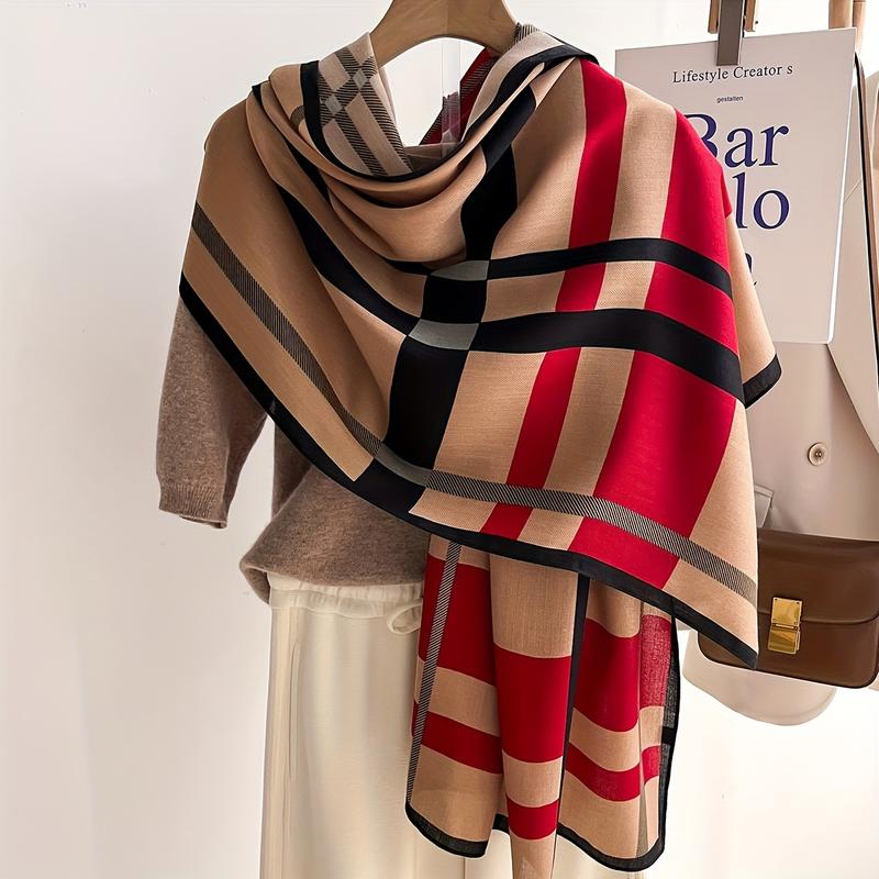 Color Block Striped Scarf Imitation Wool Shawl Soft Warm Windproof Wrap For Women