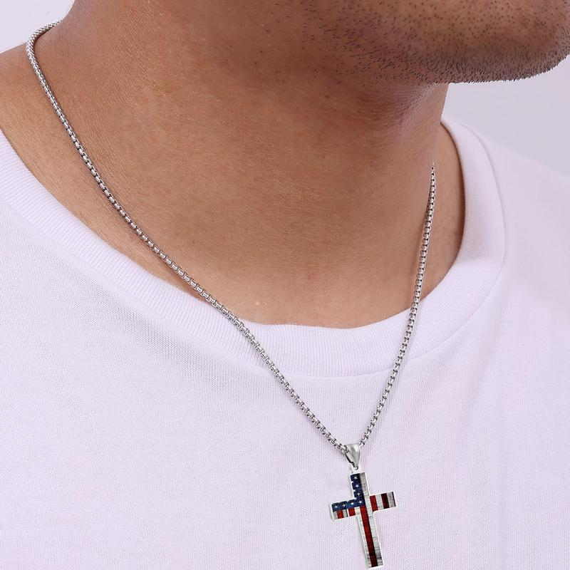 American Flag Cross Necklace for Men, Stainless Steel Box Chain for Boys, Christmas Gift