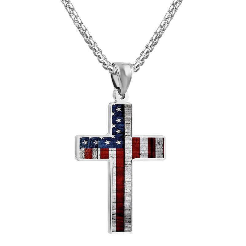 American Flag Cross Necklace for Men, Stainless Steel Box Chain for Boys, Christmas Gift