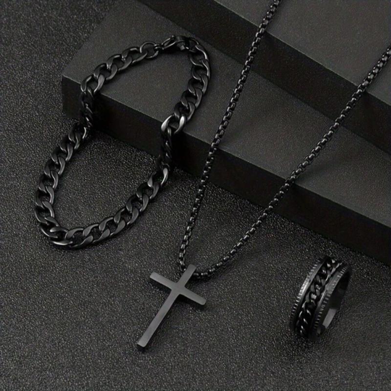 3pcs Men's Fashion Versatile Stainless Steel Jewelry Set, Black Cross Necklace, Bracelet And Ring,The Best Jewelry For Gift Giving