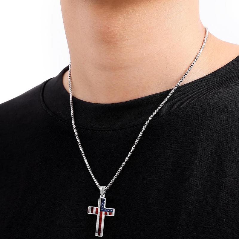 American Flag Cross Necklace for Men, Stainless Steel Box Chain for Boys, Christmas Gift