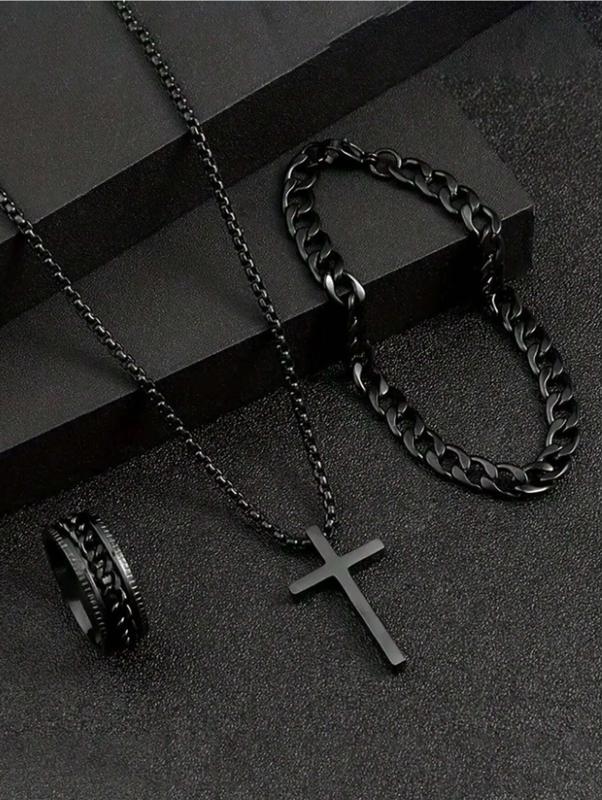 3pcs Set Stainless Steel Simple Cross Design Necklace, Ring And Bracelet Jewelry Set For Men