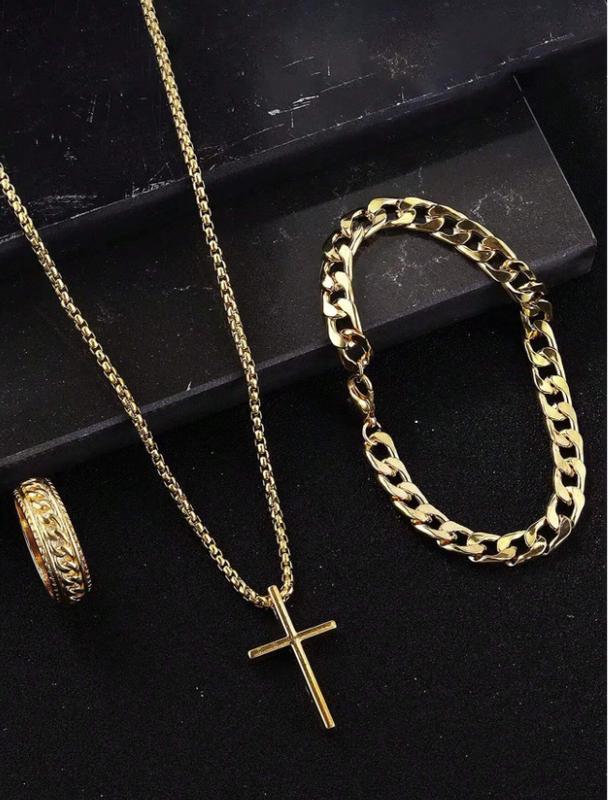 3pcs Set Stainless Steel Simple Cross Design Necklace, Ring And Bracelet Jewelry Set For Men