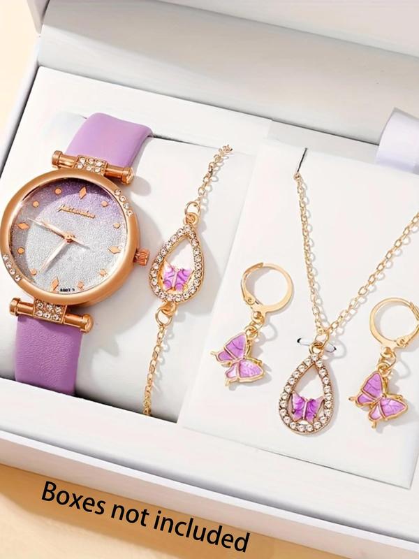 Women's Elegant Rhinestone Decor Watch & Jewelry Set, Fashion Butterfly Design Quartz Watch & Necklace & Bracelet & Earrings, Trendy All-match & Exquisite Watch Set for Birthday Gift