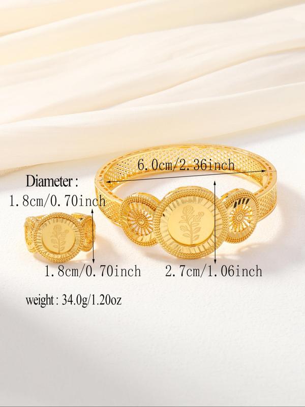 Women's Elegant Hollow Out Design Rose Pattern Bracelet & Ring, Exquisite Trendy Jewelry Set, Fashionable Vintage Jewelry Set for Women As Gift