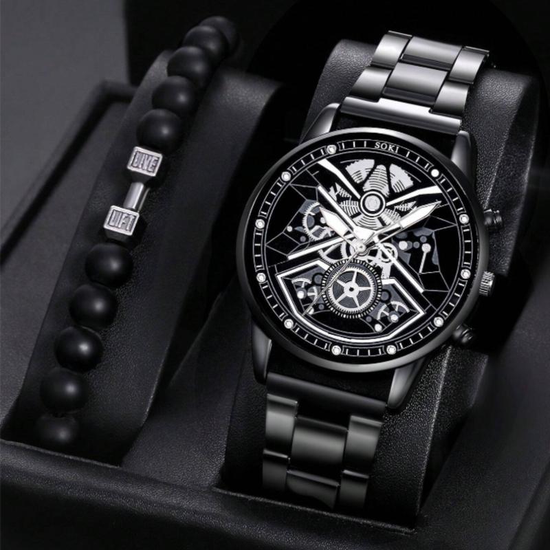 Men Watch 2pcs Set Men's Black Stainless Steel Band Quartz Watch And Dumbbell Beaded Bracelet Jewelry Set Watch For Men Giving Best Gift Sets