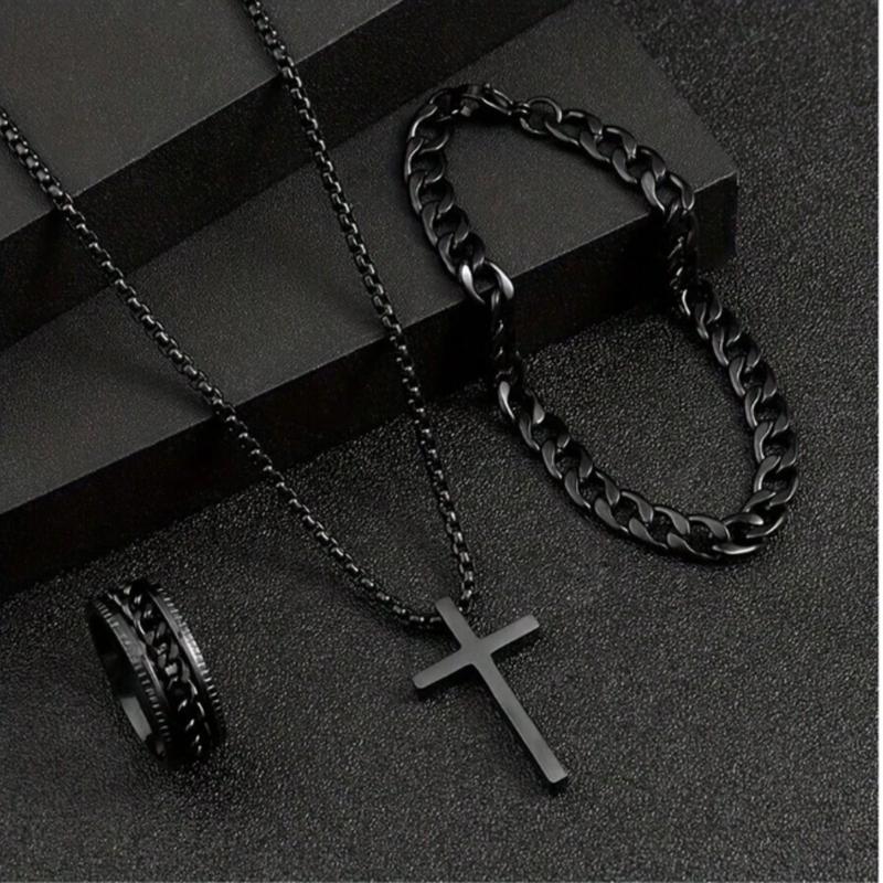 3pcs Men's Fashion Versatile Stainless Steel Jewelry Set, Black Cross Necklace, Bracelet And Ring,The Best Jewelry For Gift Giving