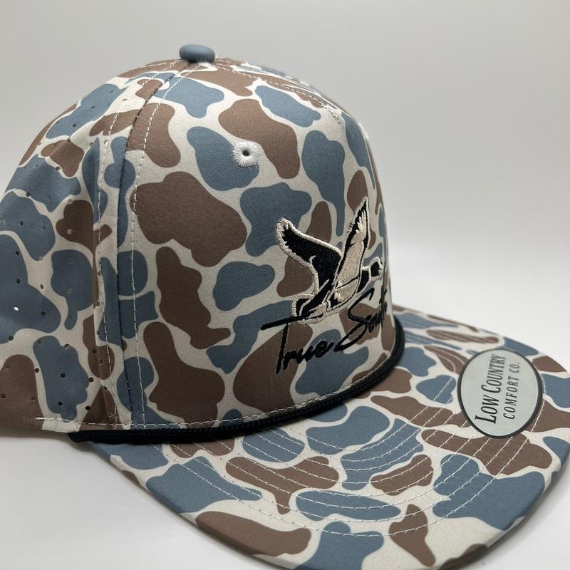 True South Duck Emb on a blue camo 5perf rope hat