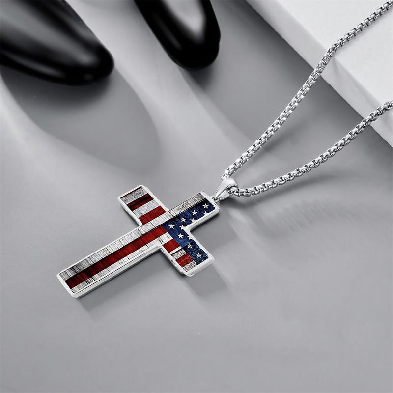 American Flag Cross Necklace for Men, Stainless Steel Box Chain for Boys, Christmas Gift