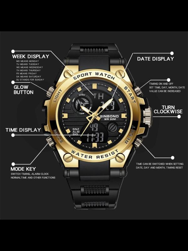 Men's Fashion Sportive Digital Analog Quartz Watch, Casual Trendy Digital Watch with Luminous Dial & Alarm Function, Waterproof Multifunctional Watch with Box