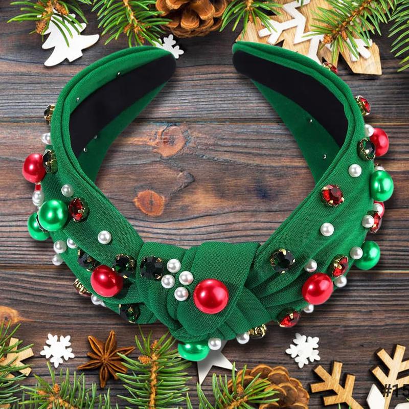 Christmas Headbands For Women, Green Knotted Headband With Jeweled, Christmas Hair Accessories For Women, Holiday Headbands For Women Girls Adults - Womens Gifts For Christmas