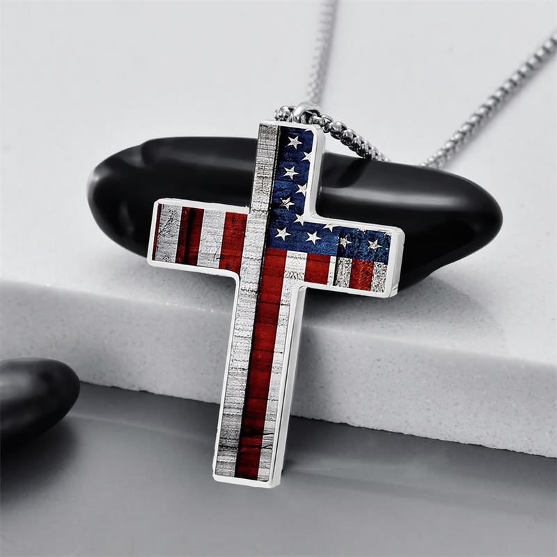 American Flag Cross Necklace for Men, Stainless Steel Box Chain for Boys, Christmas Gift