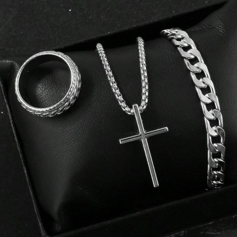 3pcs Men's Fashion Versatile Stainless Steel Jewelry Set, Black Cross Necklace, Bracelet And Ring,The Best Jewelry For Gift Giving