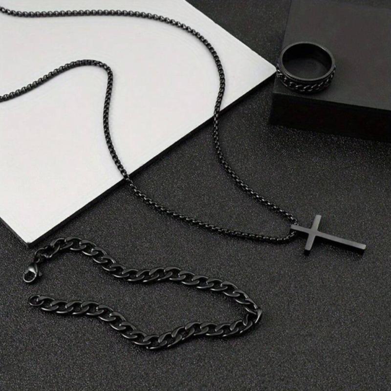 3pcs Men's Fashion Versatile Stainless Steel Jewelry Set, Black Cross Necklace, Bracelet And Ring,The Best Jewelry For Gift Giving