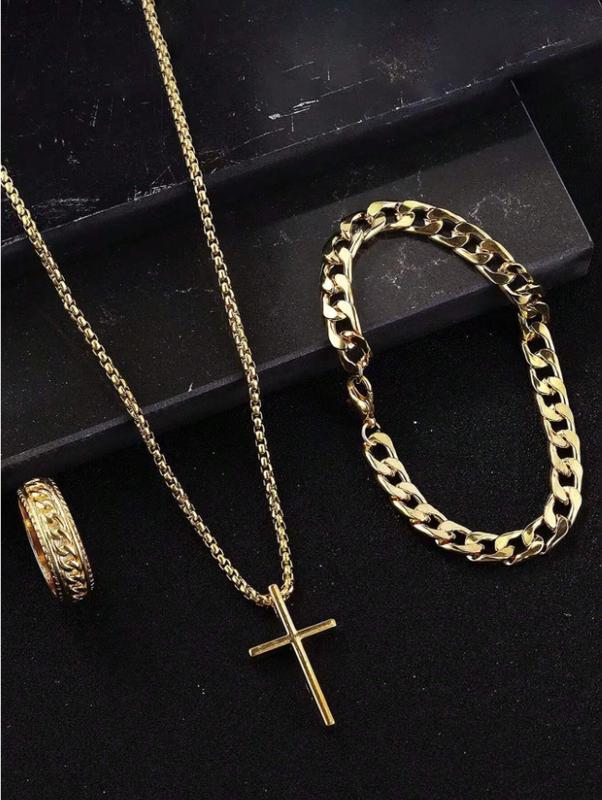 3pcs Set Stainless Steel Simple Cross Design Necklace, Ring And Bracelet Jewelry Set For Men