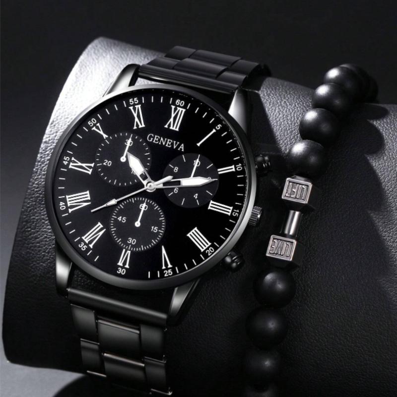 Men Watch 2pcs Set Men's Black Stainless Steel Band Quartz Watch And Dumbbell Beaded Bracelet Jewelry Set Watch For Men Giving Best Gift Sets