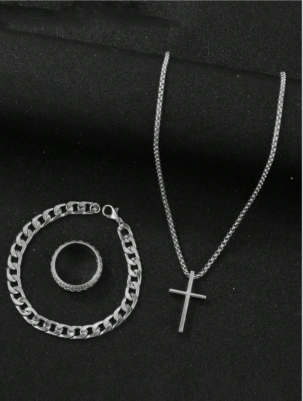 3pcs Set Stainless Steel Simple Cross Design Necklace, Ring And Bracelet Jewelry Set For Men