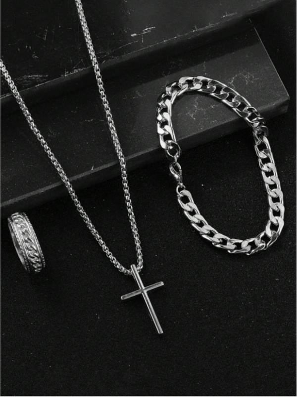 3pcs Set Stainless Steel Simple Cross Design Necklace, Ring And Bracelet Jewelry Set For Men