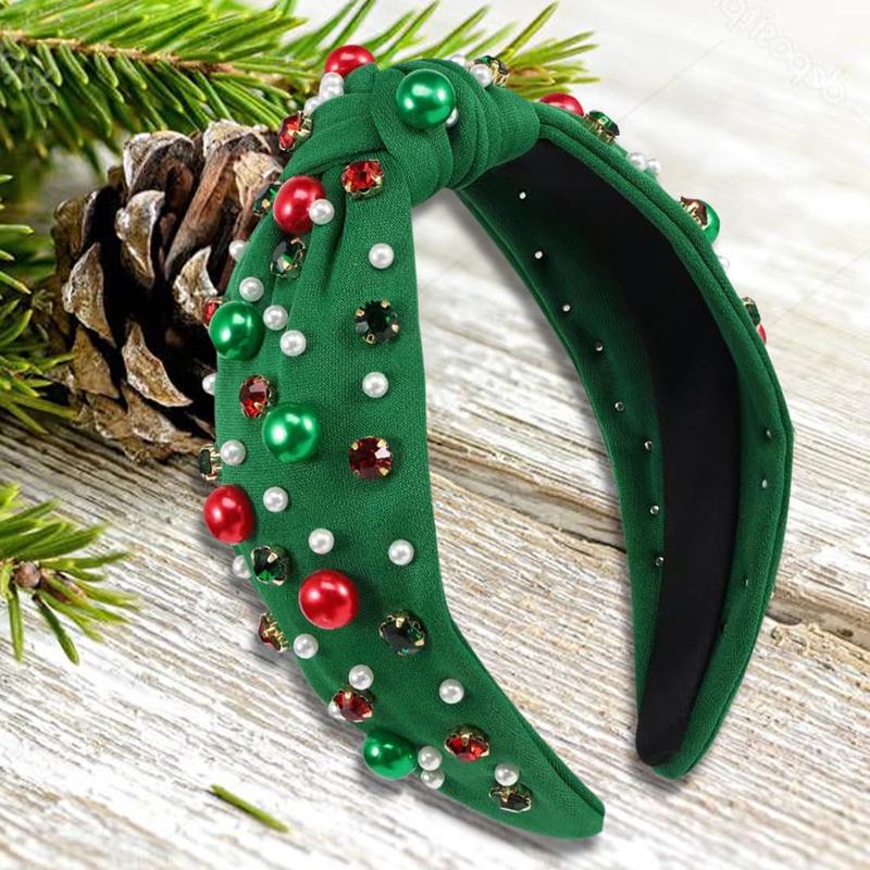 Christmas Headbands For Women, Green Knotted Headband With Jeweled, Christmas Hair Accessories For Women, Holiday Headbands For Women Girls Adults - Womens Gifts For Christmas