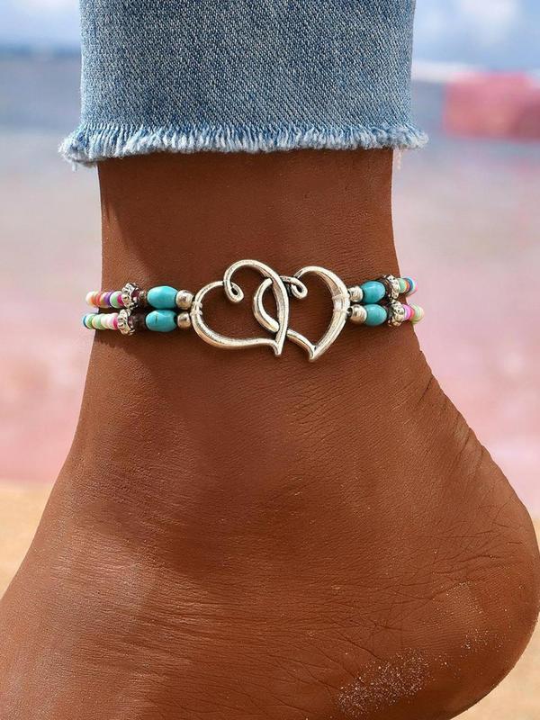 Boho Beaded & Heart Decor Anklet,  Fashionable Double Layer Anklet for Women & Girls, Party, Daily Clothing Decor, Trendy All-match & Exquisite Jewelry for Birthday Gift