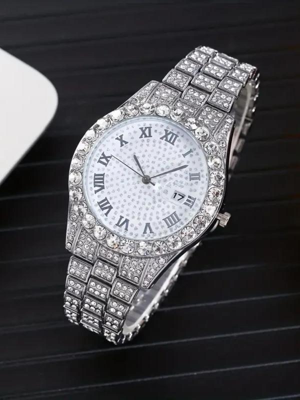 Men's Elegant Rhinestone Decor Analog Quartz Watch & Link Bracelet, Exquisite Trendy Wristwatch & Curb Chain, Fashionable Watch Set As Gift without Box Gift