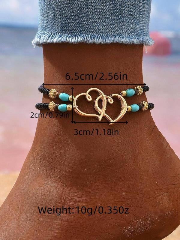 Boho Beaded & Heart Decor Anklet,  Fashionable Double Layer Anklet for Women & Girls, Party, Daily Clothing Decor, Trendy All-match & Exquisite Jewelry for Birthday Gift