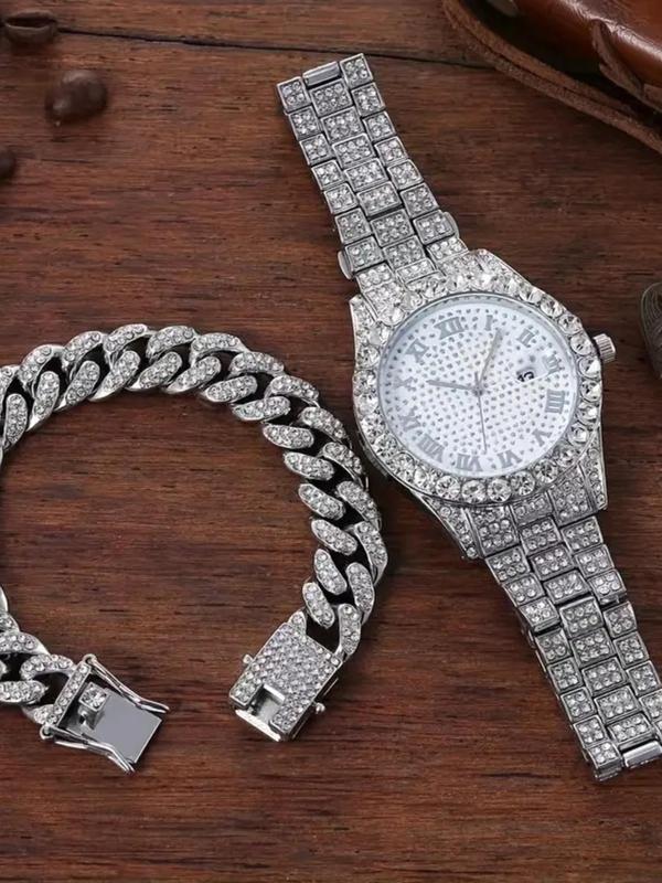 Men's Elegant Rhinestone Decor Analog Quartz Watch & Link Bracelet, Exquisite Trendy Wristwatch & Curb Chain, Fashionable Watch Set As Gift without Box Gift