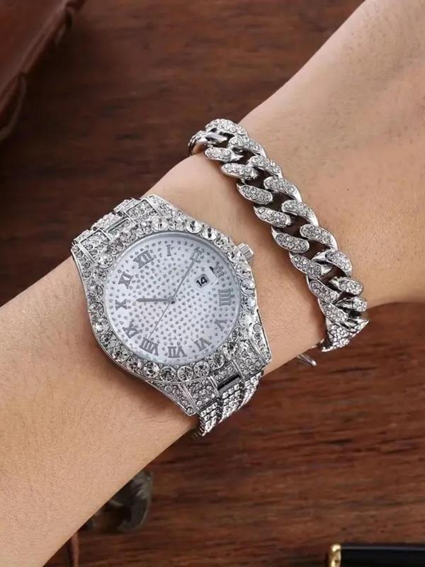 Men's Elegant Rhinestone Decor Analog Quartz Watch & Link Bracelet, Exquisite Trendy Wristwatch & Curb Chain, Fashionable Watch Set As Gift without Box Gift