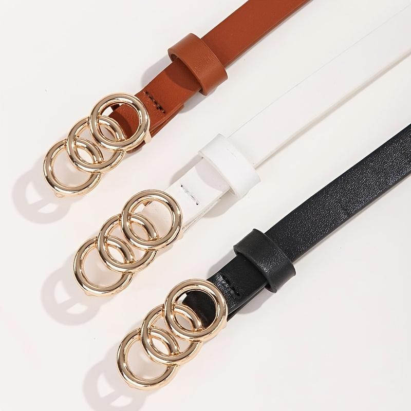 3pcs set Triple Rings Classic PU Leather Thin Belt with Pin Buckle for Pants, Jeans, and Dress