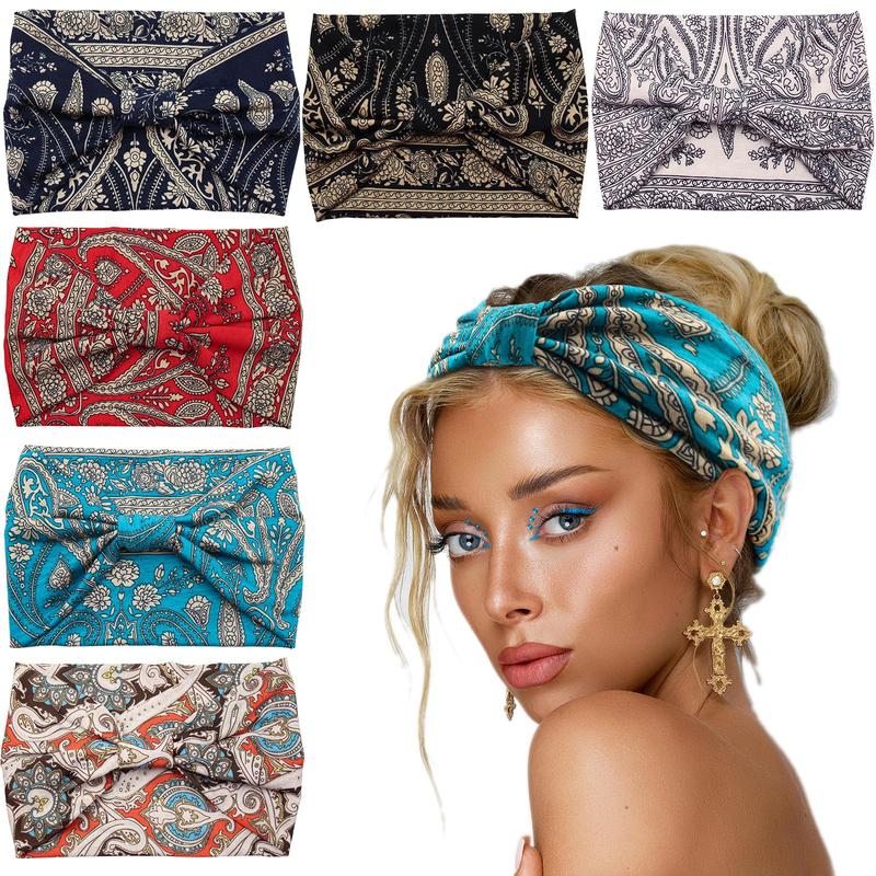 Wide Headbands for Women Boho Knotted Non Slip Headbands Head Wraps Turbans Sport Yoga Workout Stretchy Hair bands,Pack of 6