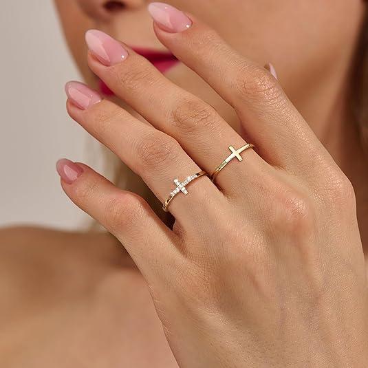 Cross Gold Rings for Women Girls, Dainty Trendy Stackable Ring  Gold  Thin Cz Cross Finger Rings for Women Non Tarnish Simple Statement Rings Wedding Bands  Size 5-10