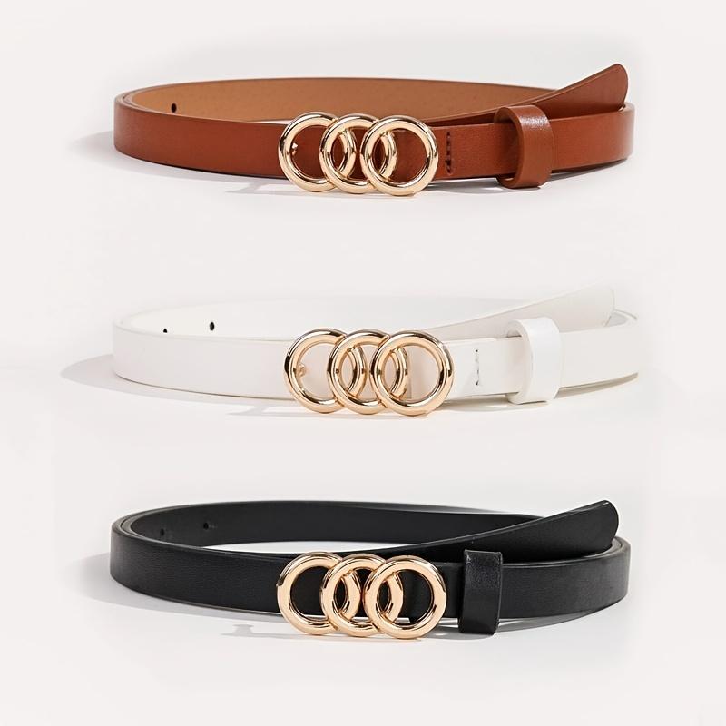 3pcs set Triple Rings Classic PU Leather Thin Belt with Pin Buckle for Pants, Jeans, and Dress