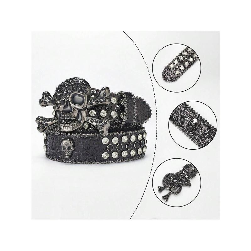 Black Skull Buckle Rhinestone Belt Hip Hop Sparkling PU Leather Belt Punk Cowboy Cowgirl Jeans Pants Belt For Women & Men Street