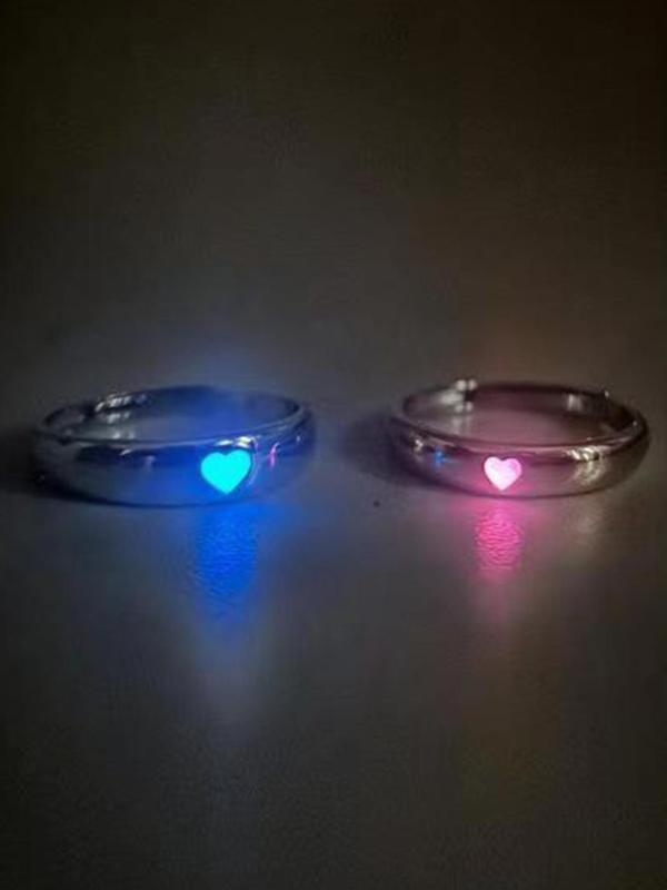 2pcs Luminous Heart Rings, Heart Shaped Matching Rings, Luminous Couple Rings Jewelry for Wedding Party