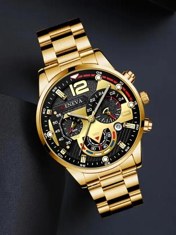 Men's Business Fashion Round Dial Analog Quartz Watch & Chain Bracelet Set, Fashion Watch for Party, Daily Clothing Decor, Trendy All-match & Exquisite Watch Set for Gift