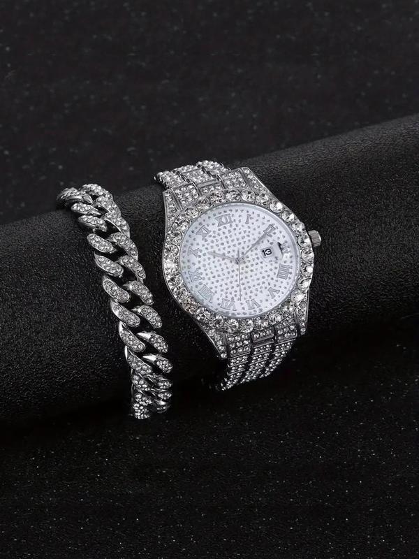 Men's Elegant Rhinestone Decor Analog Quartz Watch & Link Bracelet, Exquisite Trendy Wristwatch & Curb Chain, Fashionable Watch Set As Gift without Box Gift