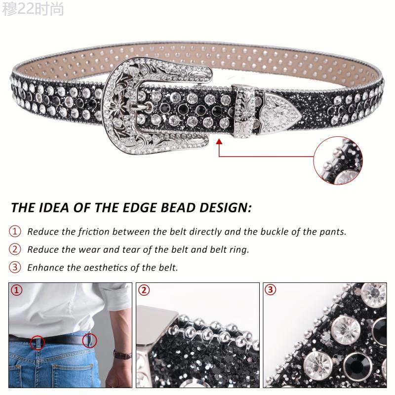 Microfiber Western Rhinestone Belts Boho Flower Embossed Buckle Vintage Punk Sparkle Studded Belts Cowgirl Cowboy Strap Jeans Belts