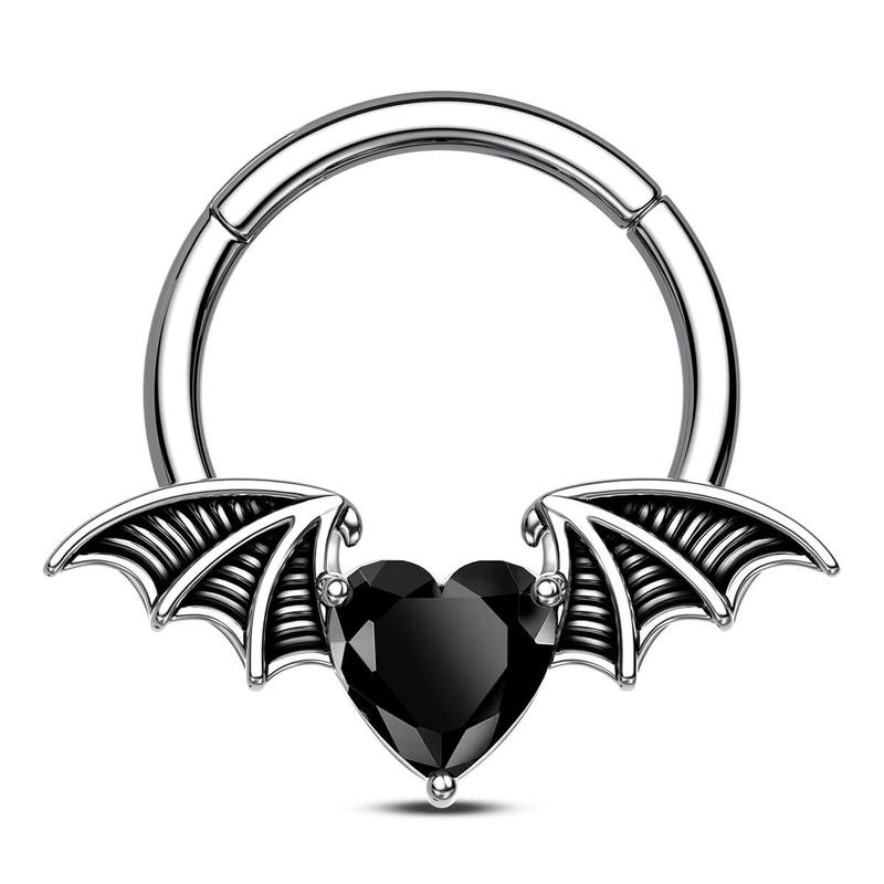 Oufer 16G Gothic Black CZ Heart Bat Wing Moth Septum Ring Daith Hoop