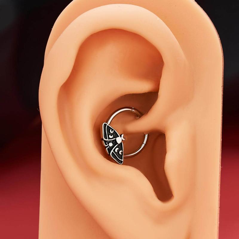 Oufer 16G Gothic Black CZ Heart Bat Wing Moth Septum Ring Daith Hoop