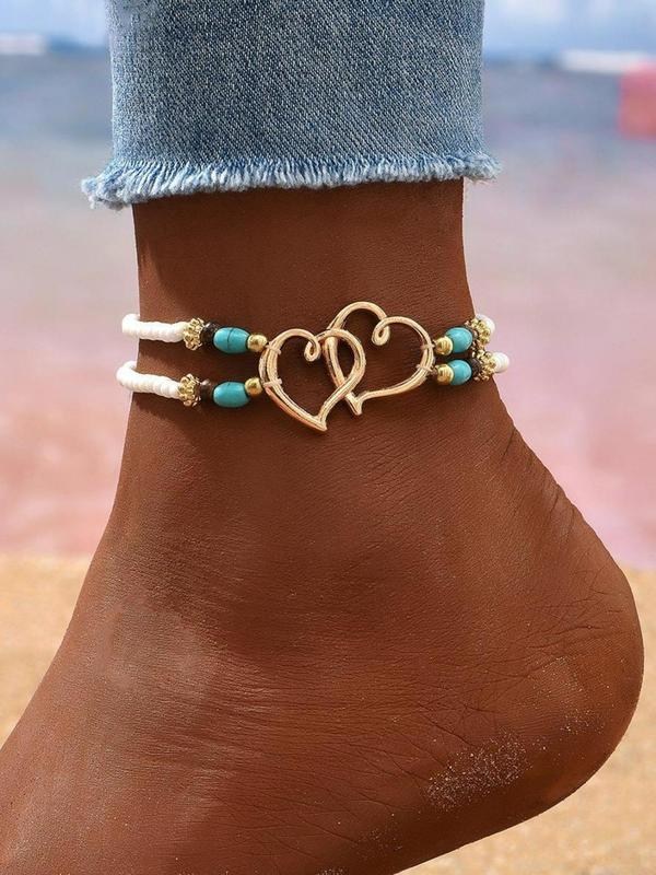 Boho Beaded & Heart Decor Anklet,  Fashionable Double Layer Anklet for Women & Girls, Party, Daily Clothing Decor, Trendy All-match & Exquisite Jewelry for Birthday Gift